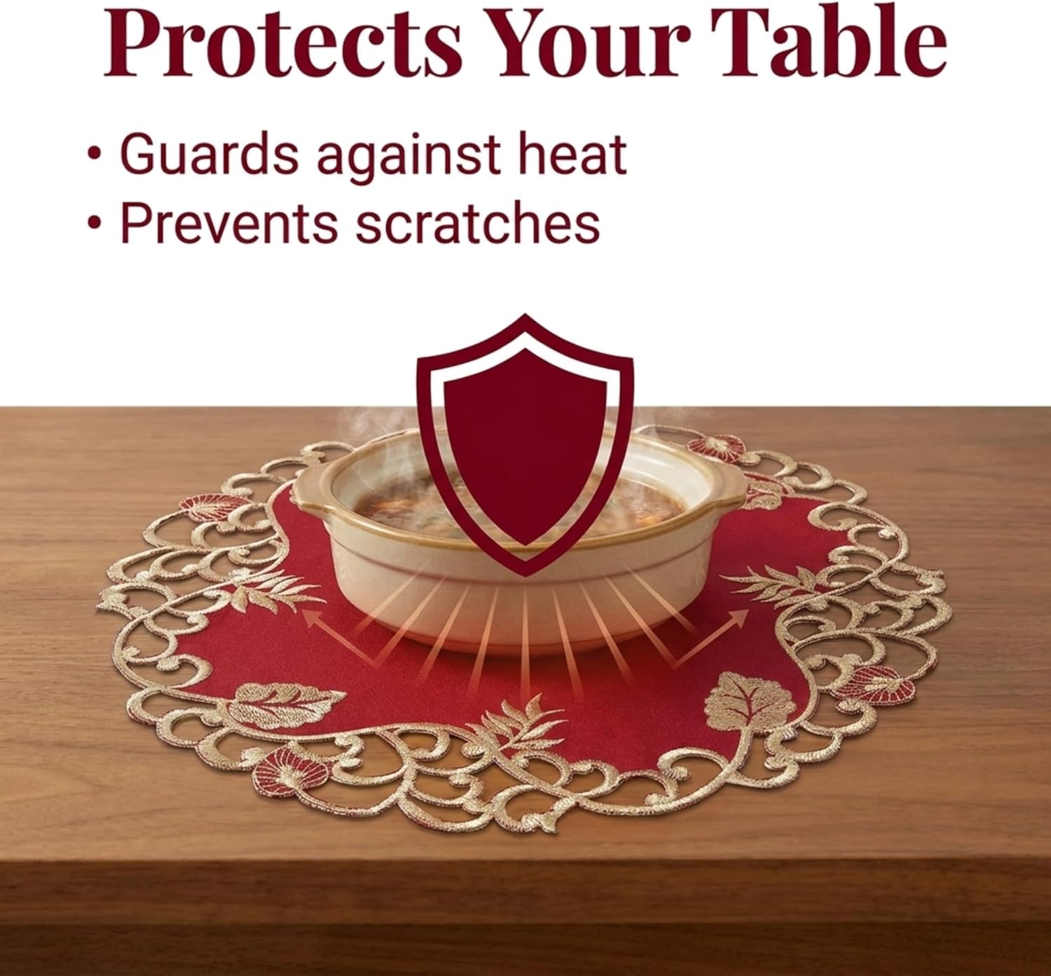 Burgundy Gold Doilies – Rustic Table Decor 15 Inch Embroidered Table Mats