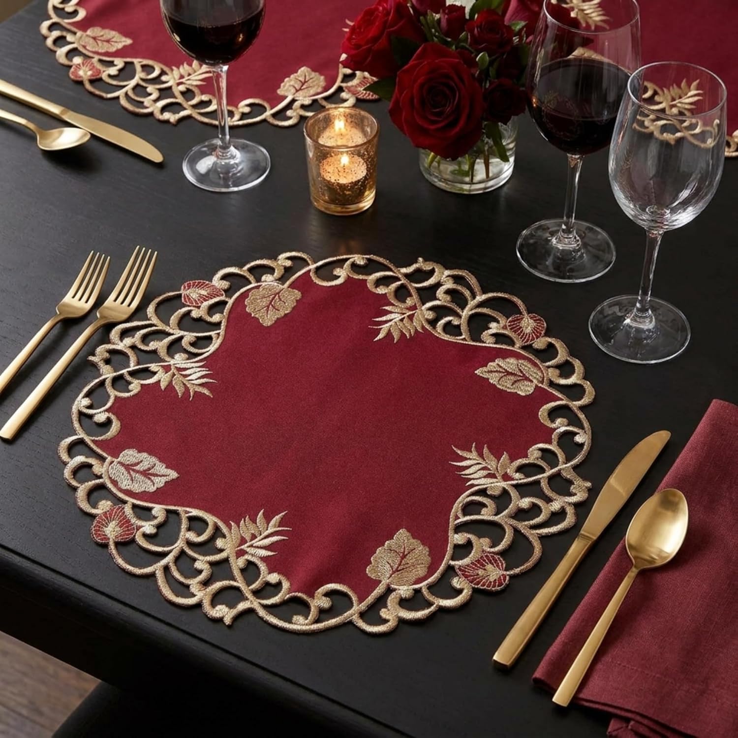Burgundy Gold Doilies – Rustic Table Decor 15 Inch Embroidered Table Mats