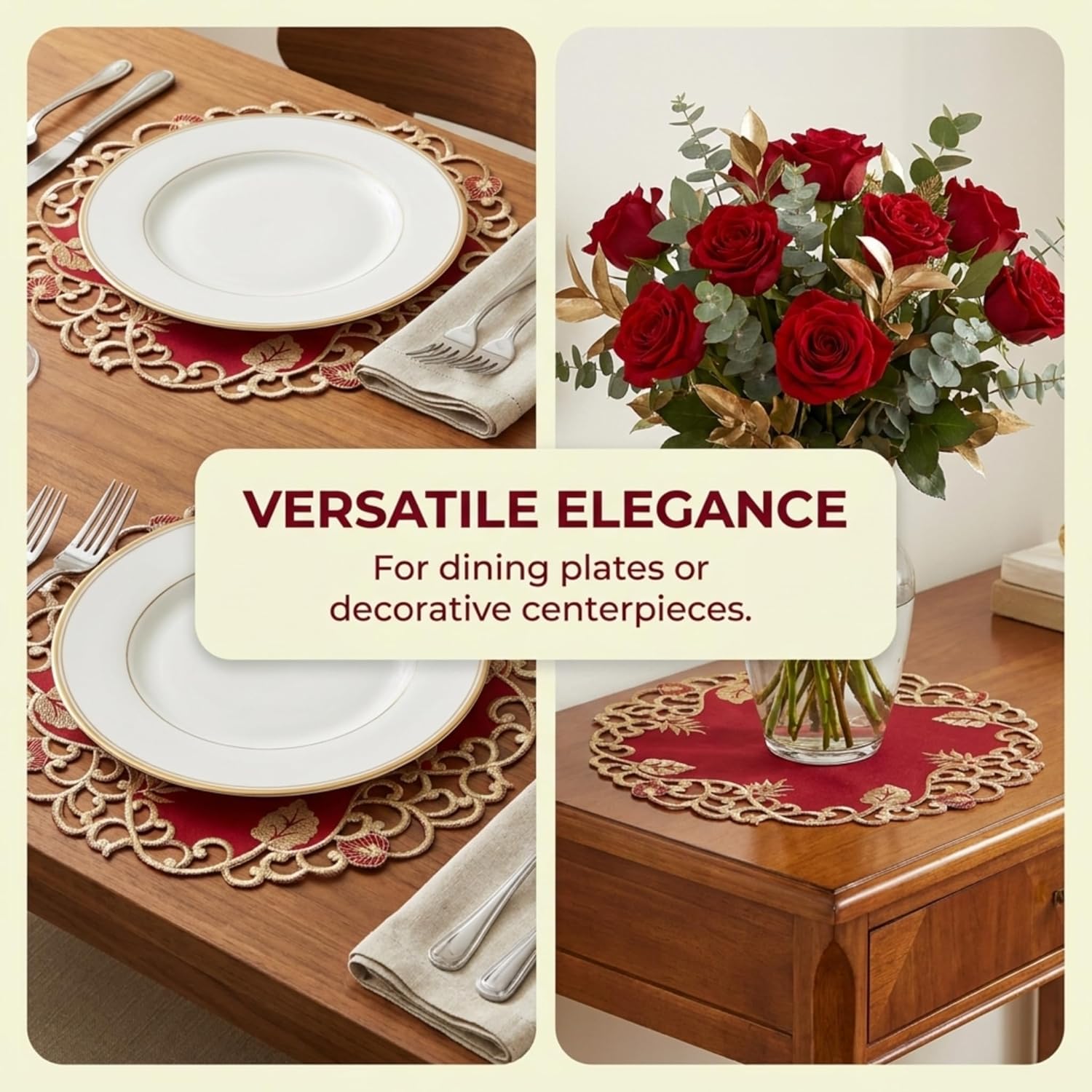 Burgundy Gold Doilies – Rustic Table Decor 15 Inch Embroidered Table Mats