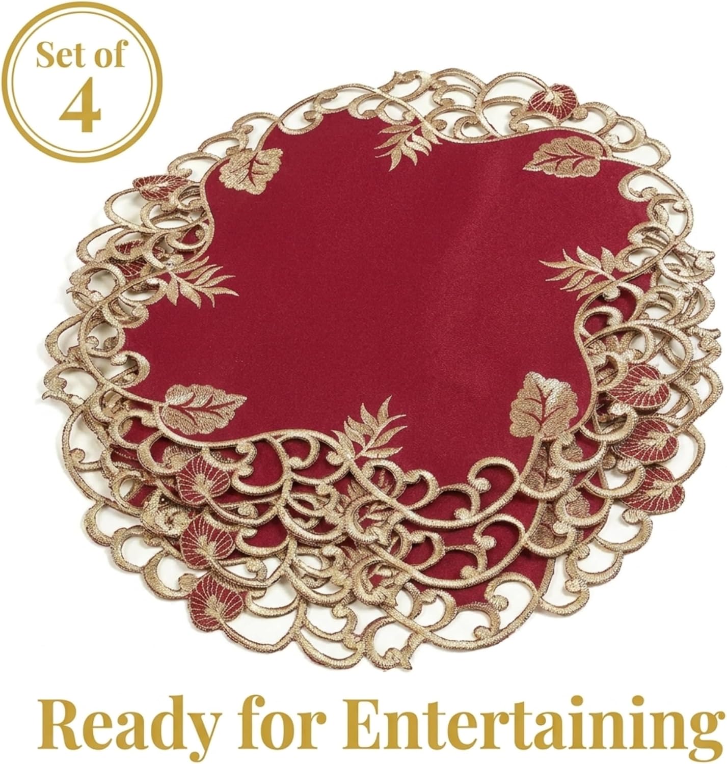 Burgundy Gold Doilies – Rustic Table Decor 15 Inch Embroidered Table Mats