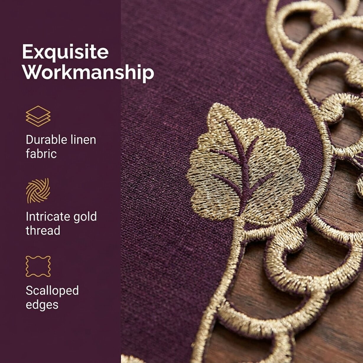 Plum Gold Table Doilies – Velvet Plum Embroidered Doilies for Rustic Table Decor