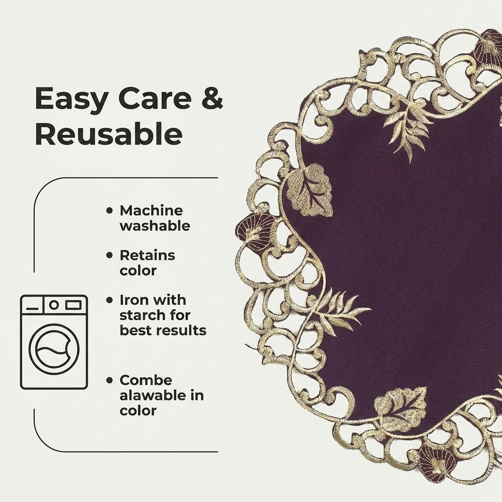 Plum Gold Table Doilies – Velvet Plum Embroidered Doilies for Rustic Table Decor