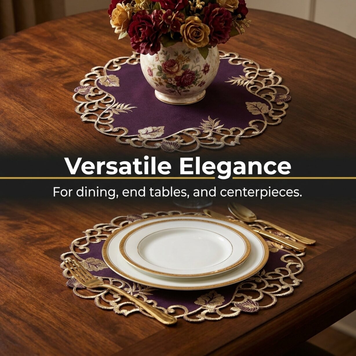 Plum Gold Table Doilies – Velvet Plum Embroidered Doilies for Rustic Table Decor