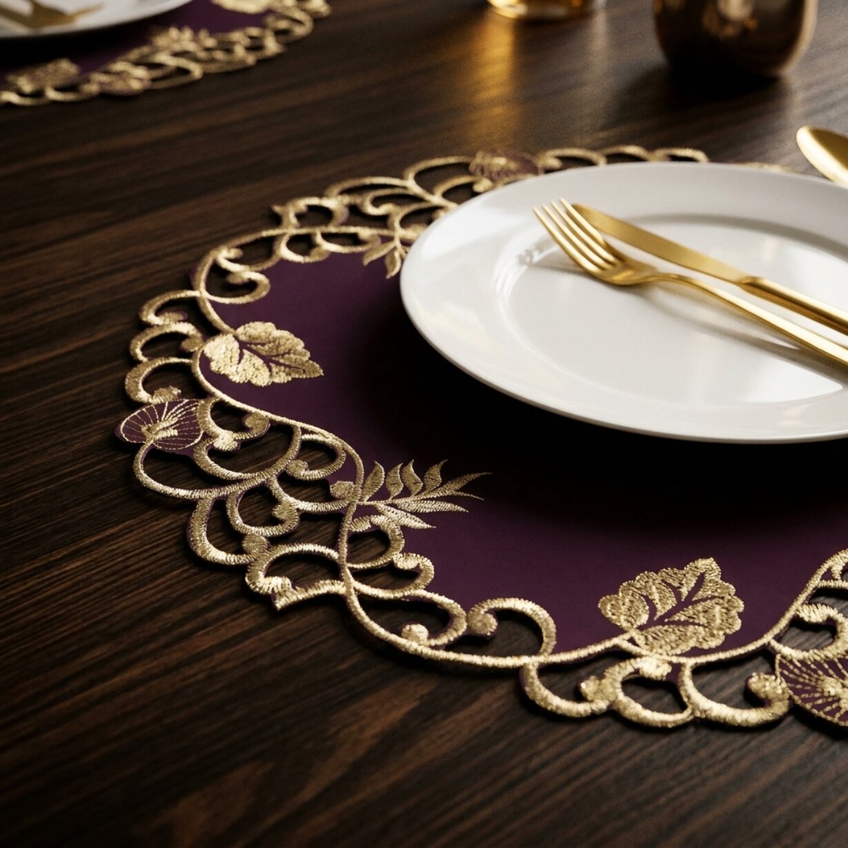 Plum Gold Table Doilies – Velvet Plum Embroidered Doilies for Rustic Table Decor