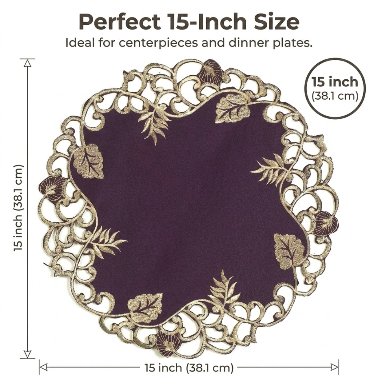 Plum Gold Table Doilies – Velvet Plum Embroidered Doilies for Rustic Table Decor
