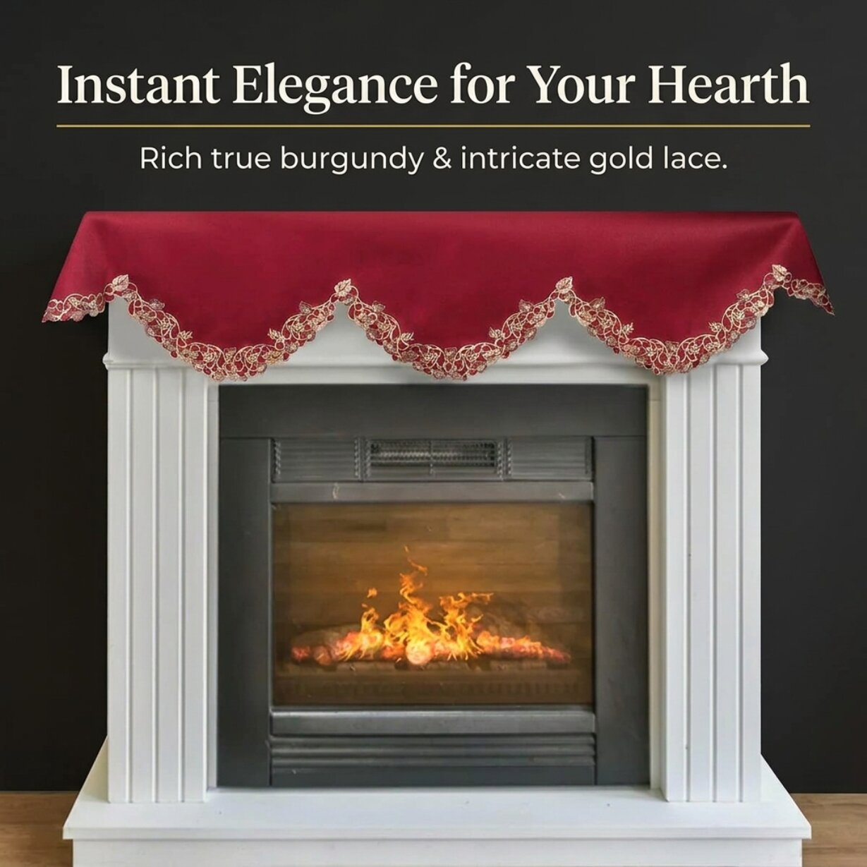 Burgundy Mantel Scarf – Rustic Fireplace Decor | Polyester Embroidered Table Linen Protector 18x90 Inch