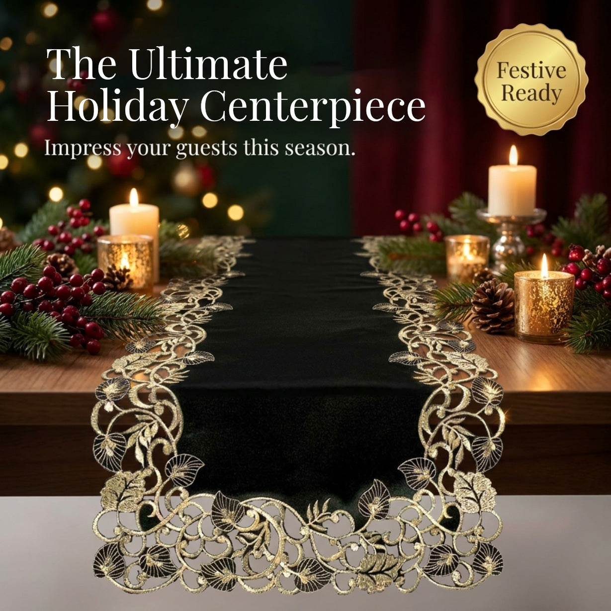 Black Gold Table Runner – Rustic Vintage Decorative Linen 14x108 Inch