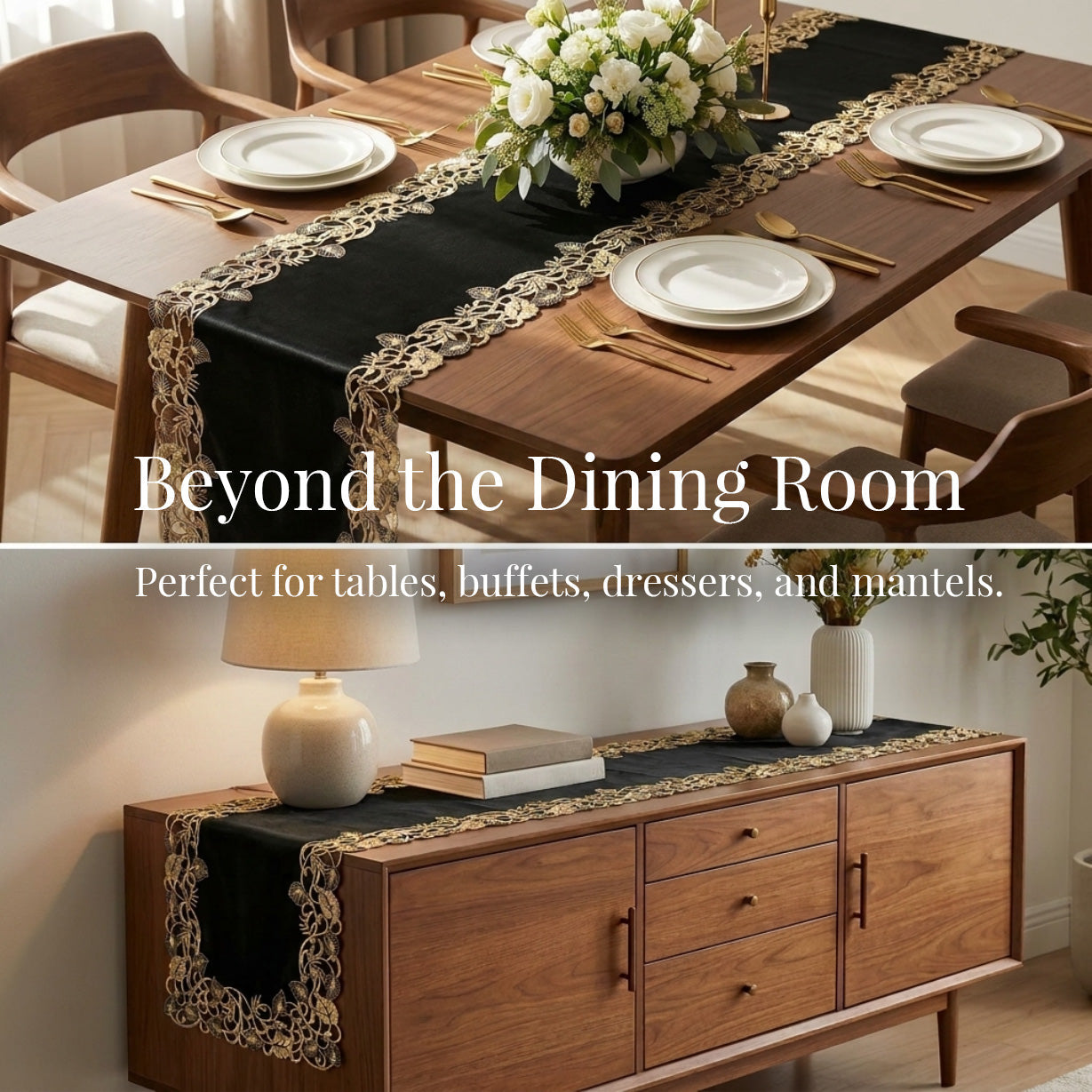 Black Gold Table Runner – Rustic Vintage Decorative Linen 14x108 Inch