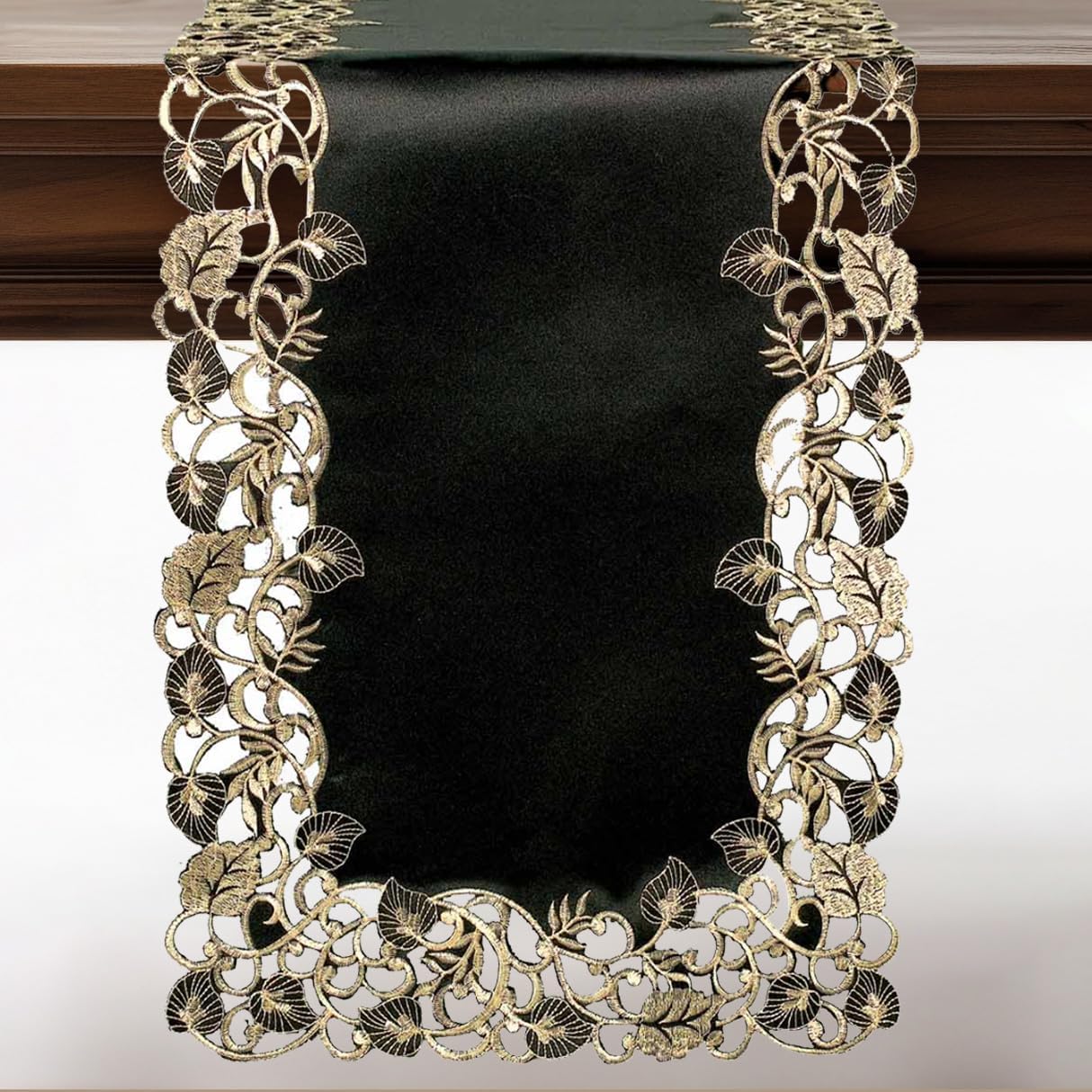 Black Gold Table Runner – Rustic Vintage Decorative Linen 14x108 Inch