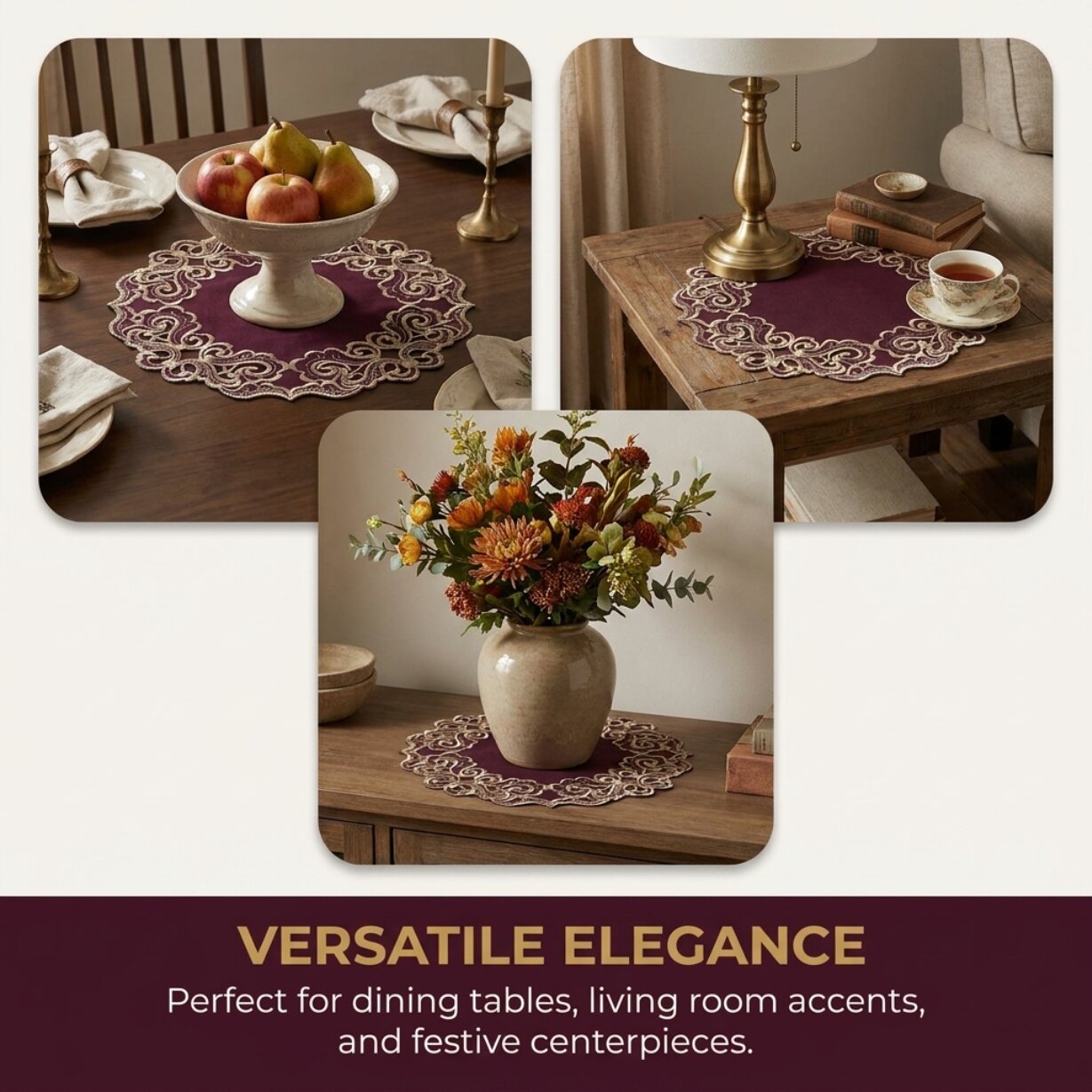Plum Gold Doilies – Granada Collection 15 Inch Rustic Table Decor Embroidered Linens