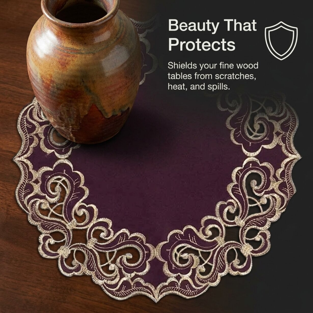 Plum Gold Doilies – Granada Collection 15 Inch Rustic Table Decor Embroidered Linens