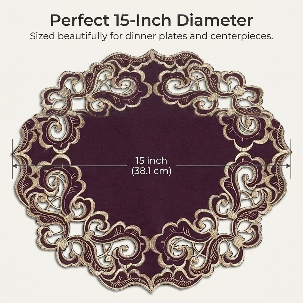 Plum Gold Doilies – Granada Collection 15 Inch Rustic Table Decor Embroidered Linens