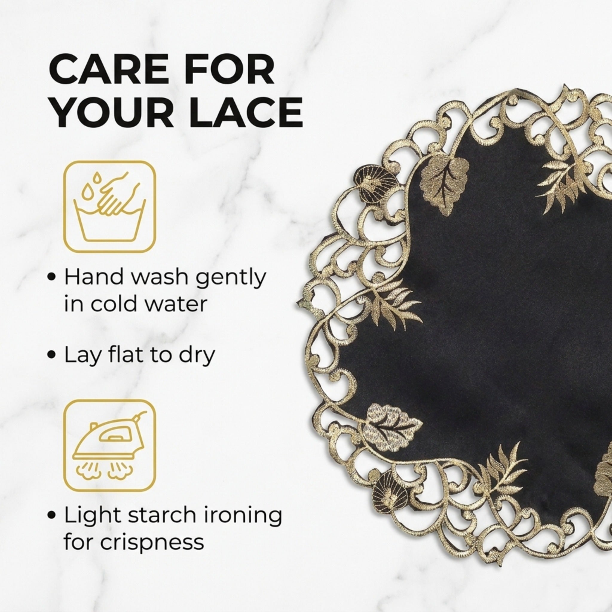 Black Gold Table Doilies – 15 Inch Embroidered Rustic Table Decor for Indoor Outdoor