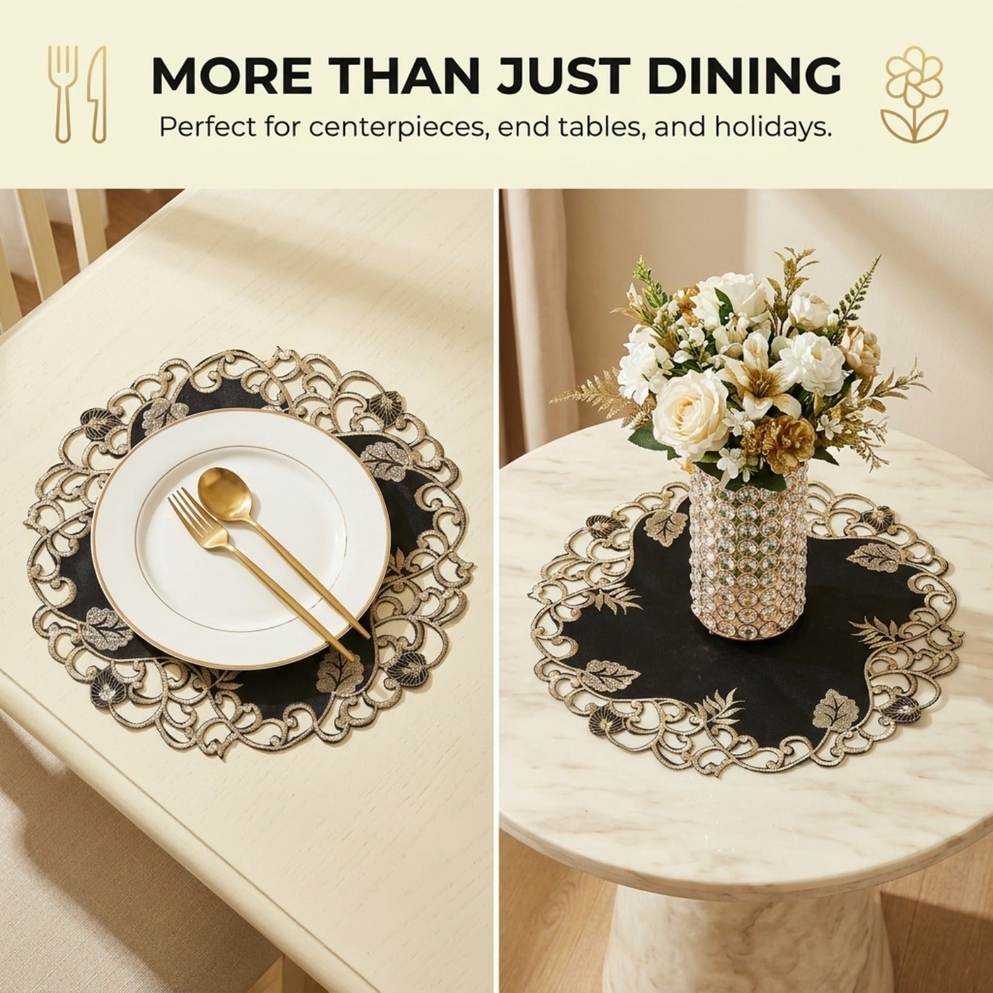 Black Gold Table Doilies – 15 Inch Embroidered Rustic Table Decor for Indoor Outdoor