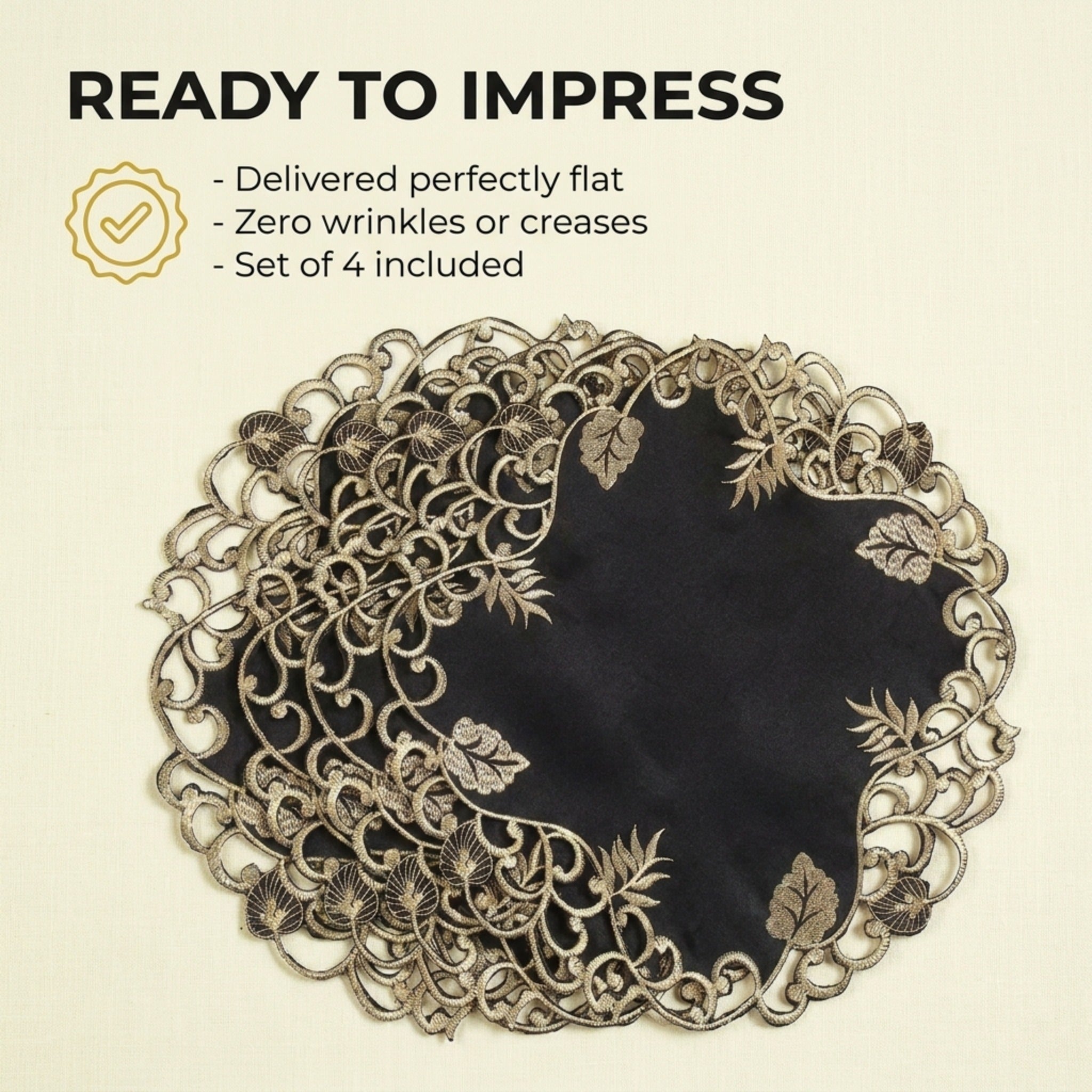 Black Gold Table Doilies – 15 Inch Embroidered Rustic Table Decor for Indoor Outdoor