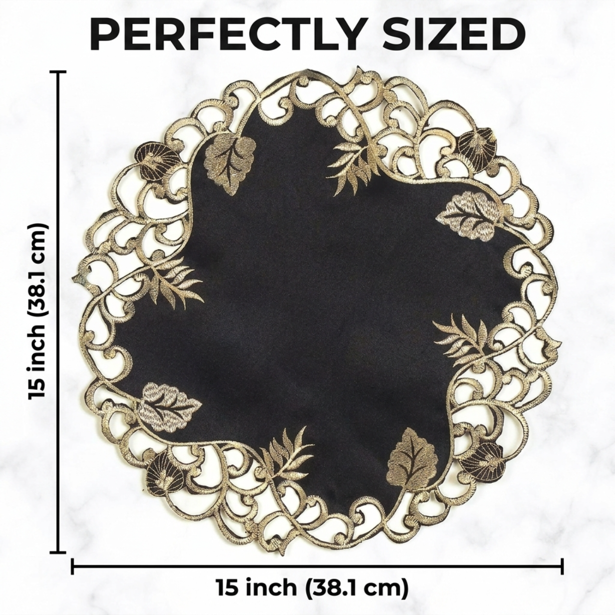 Black Gold Table Doilies – 15 Inch Embroidered Rustic Table Decor for Indoor Outdoor