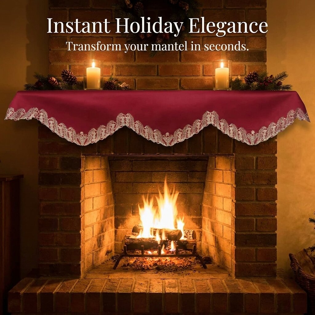 Burgundy Mantel Scarf – Rustic Fireplace Decor, Vintage Table Protector Scarf 18x90 Inch