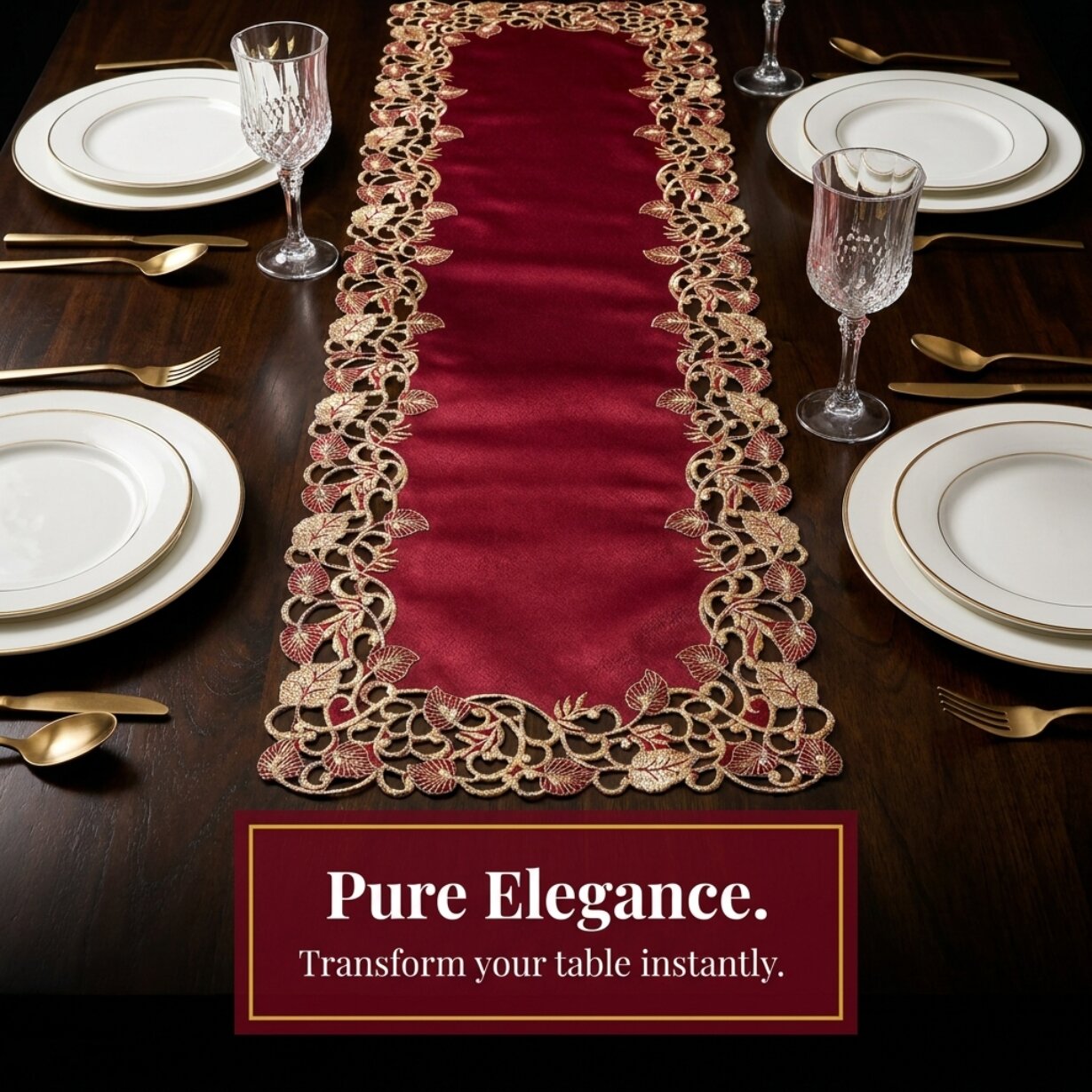 Burgundy Gold Table Runner – Rustic Vintage Dining Table Decor 14x108 Inch
