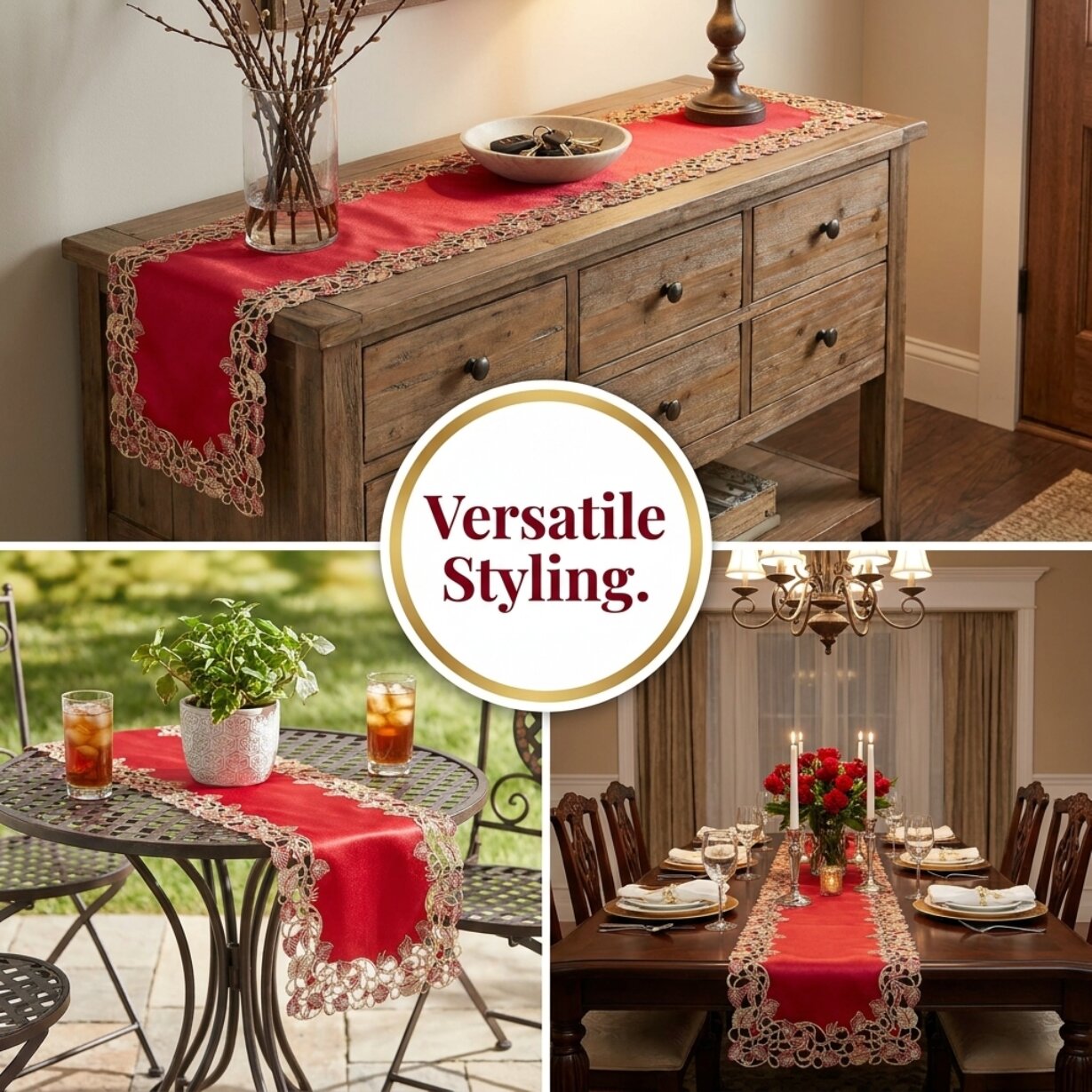 Burgundy Gold Table Runner – Rustic Vintage Dining Table Decor 14x108 Inch