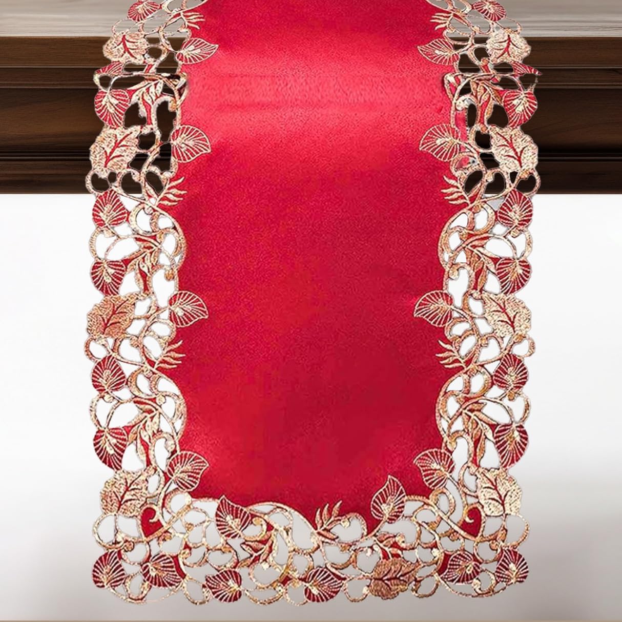 Burgundy Gold Table Runner – Rustic Vintage Dining Table Decor 14x108 Inch