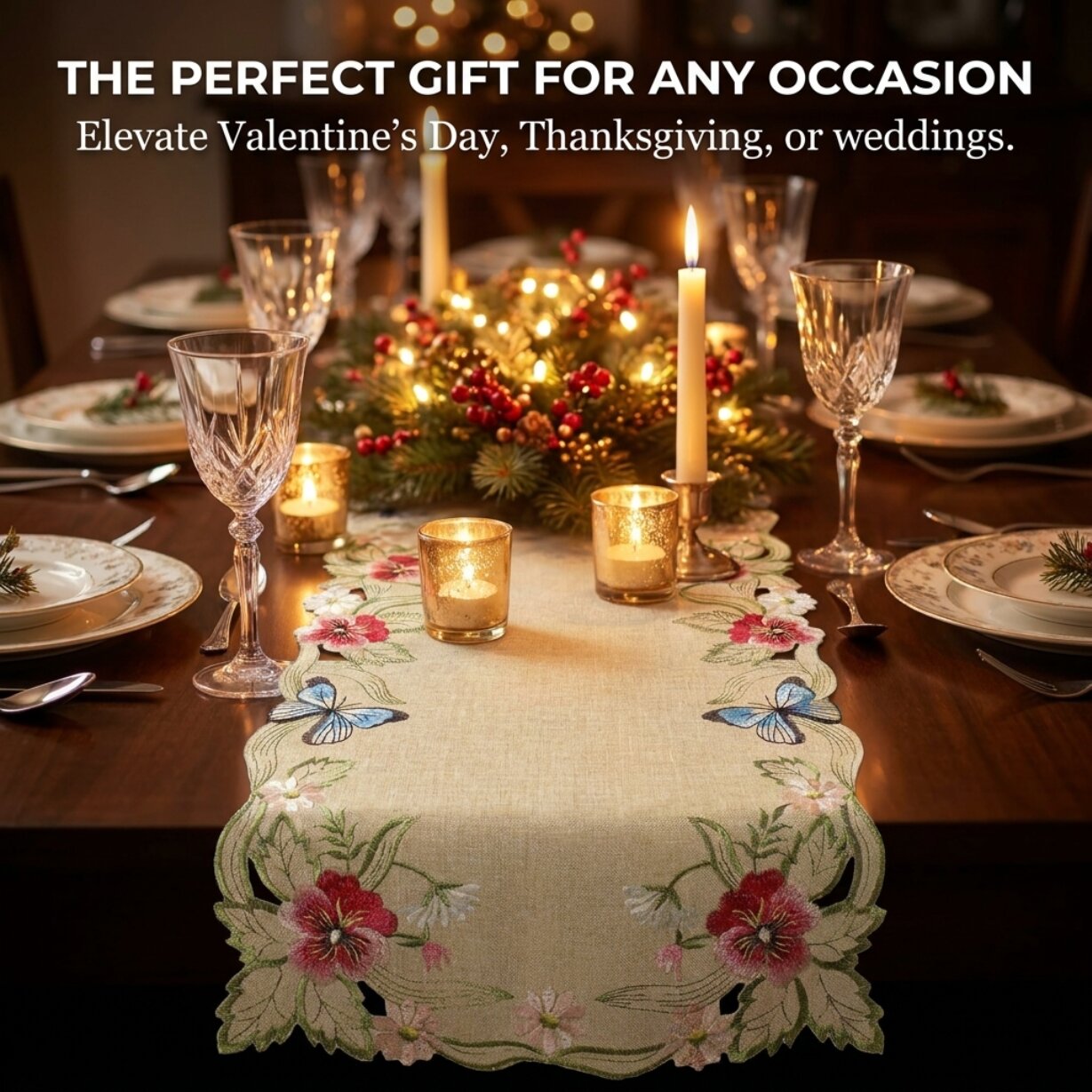 Beige Table Runner – Rustic Embroidered Dining Table Protector 14x108 Inch