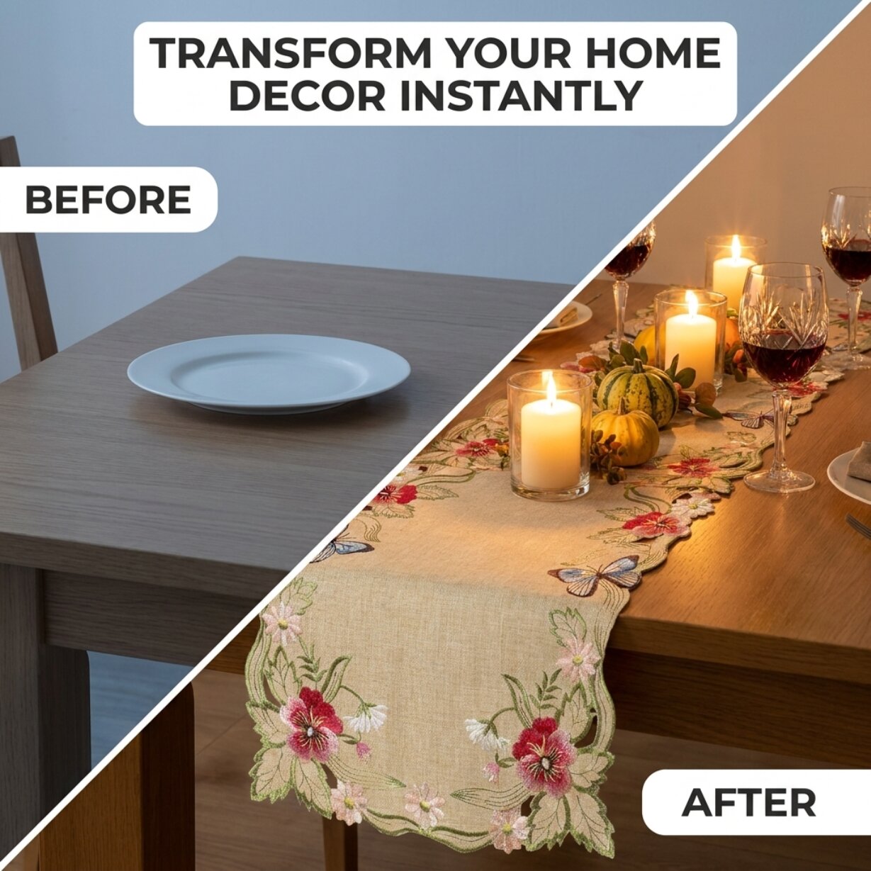 Beige Table Runner – Rustic Embroidered Dining Table Protector 14x108 Inch