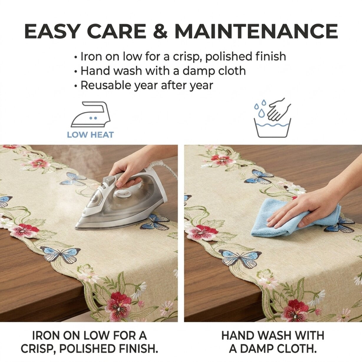 Beige Table Runner – Rustic Embroidered Dining Table Protector 14x108 Inch