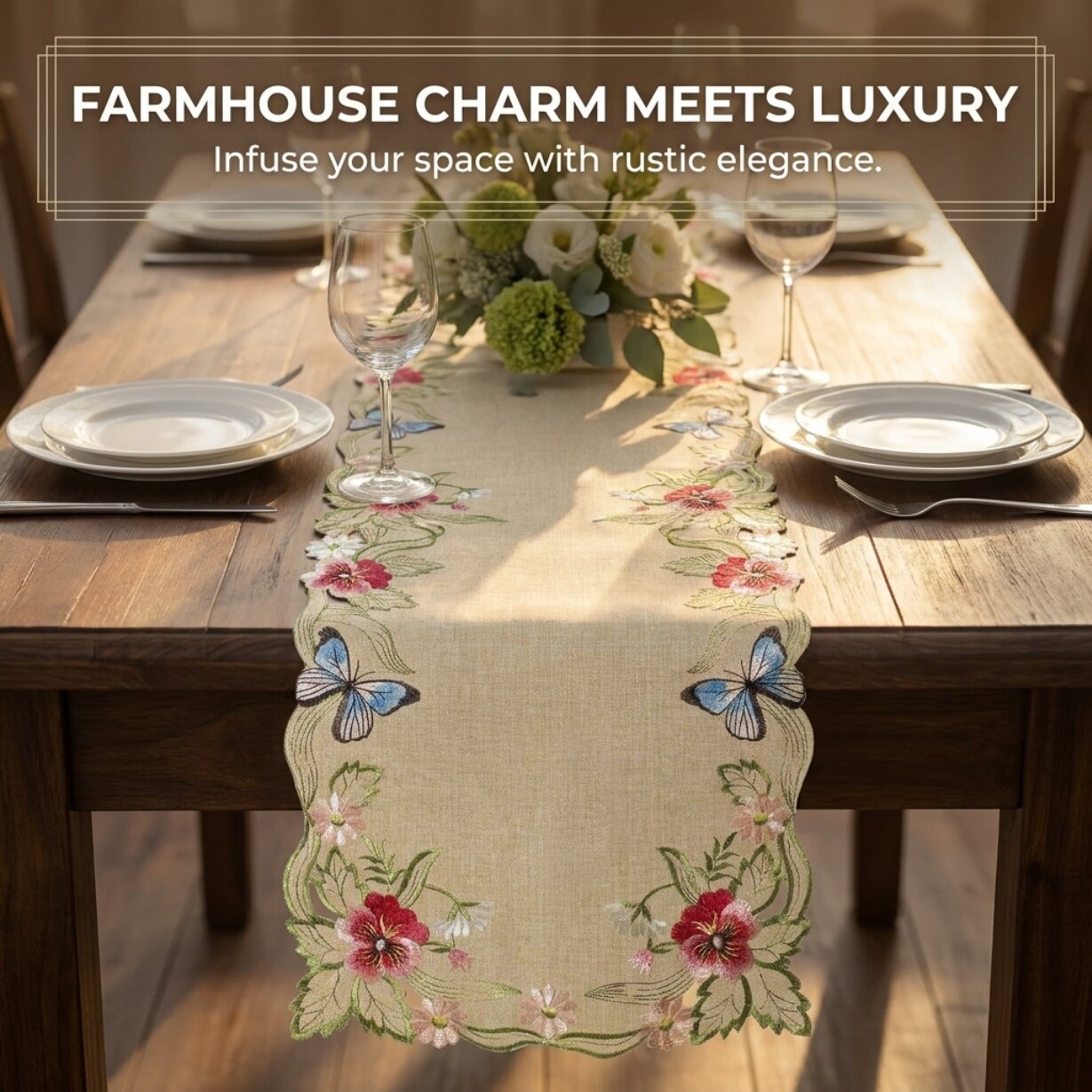 Beige Table Runner – Rustic Embroidered Dining Table Protector 14x108 Inch