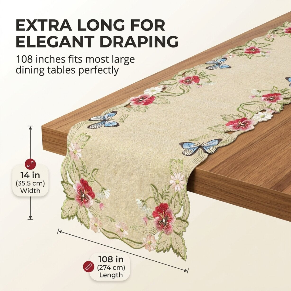 Beige Table Runner – Rustic Embroidered Dining Table Protector 14x108 Inch