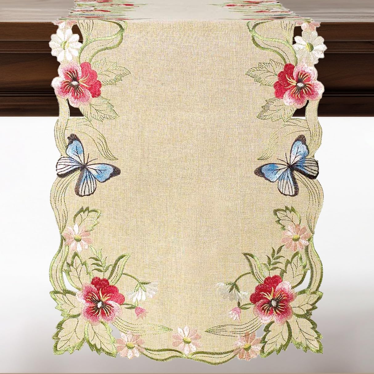 Beige Table Runner – Rustic Embroidered Dining Table Protector 14x108 Inch