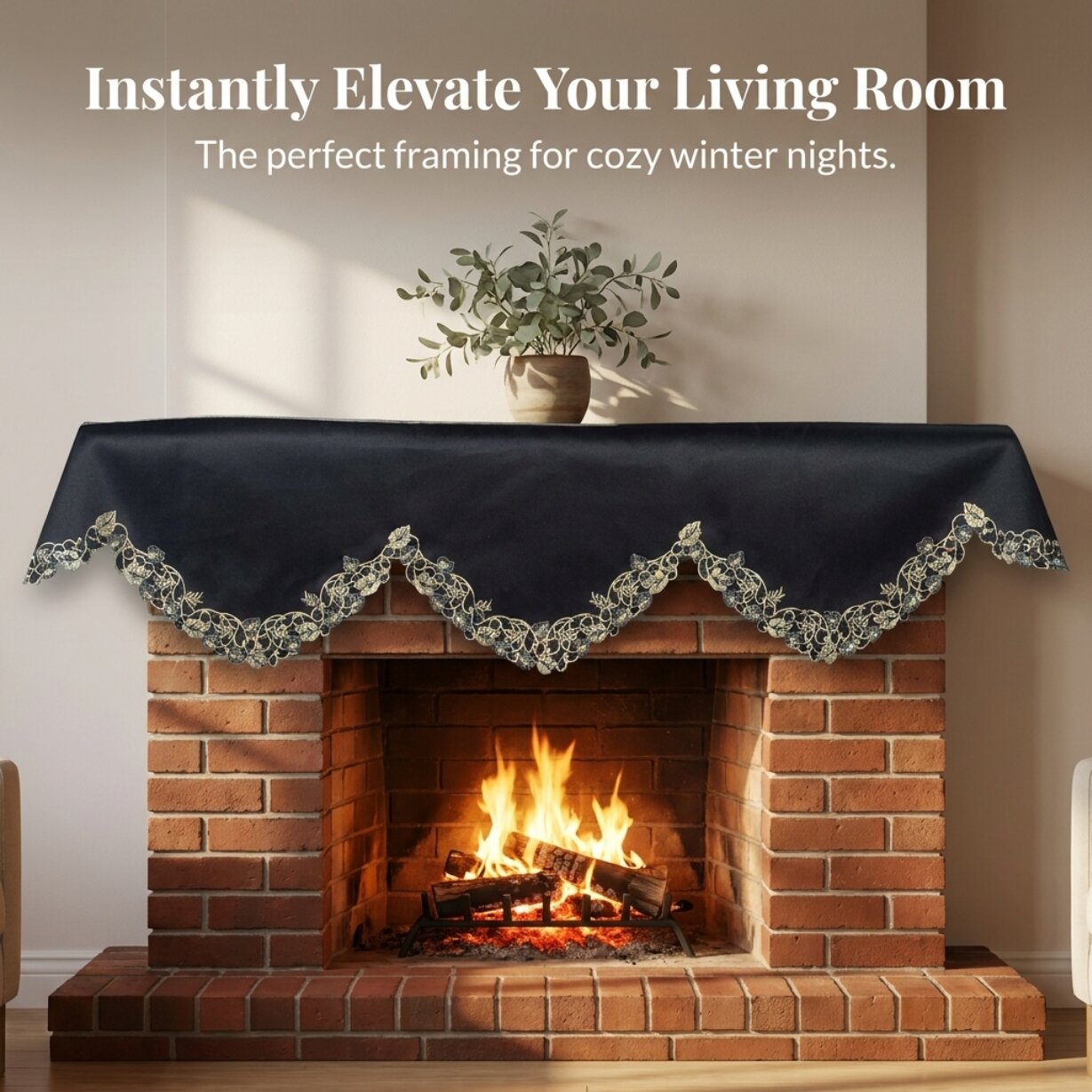 Black Gold Mantel Scarf – Vintage Fireplace Decor, Rustic Table Linen 18x90 Inch