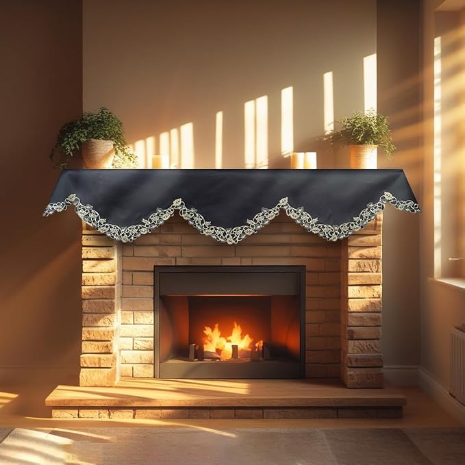 Black Gold Mantel Scarf – Vintage Fireplace Decor, Rustic Table Linen 18x90 Inch