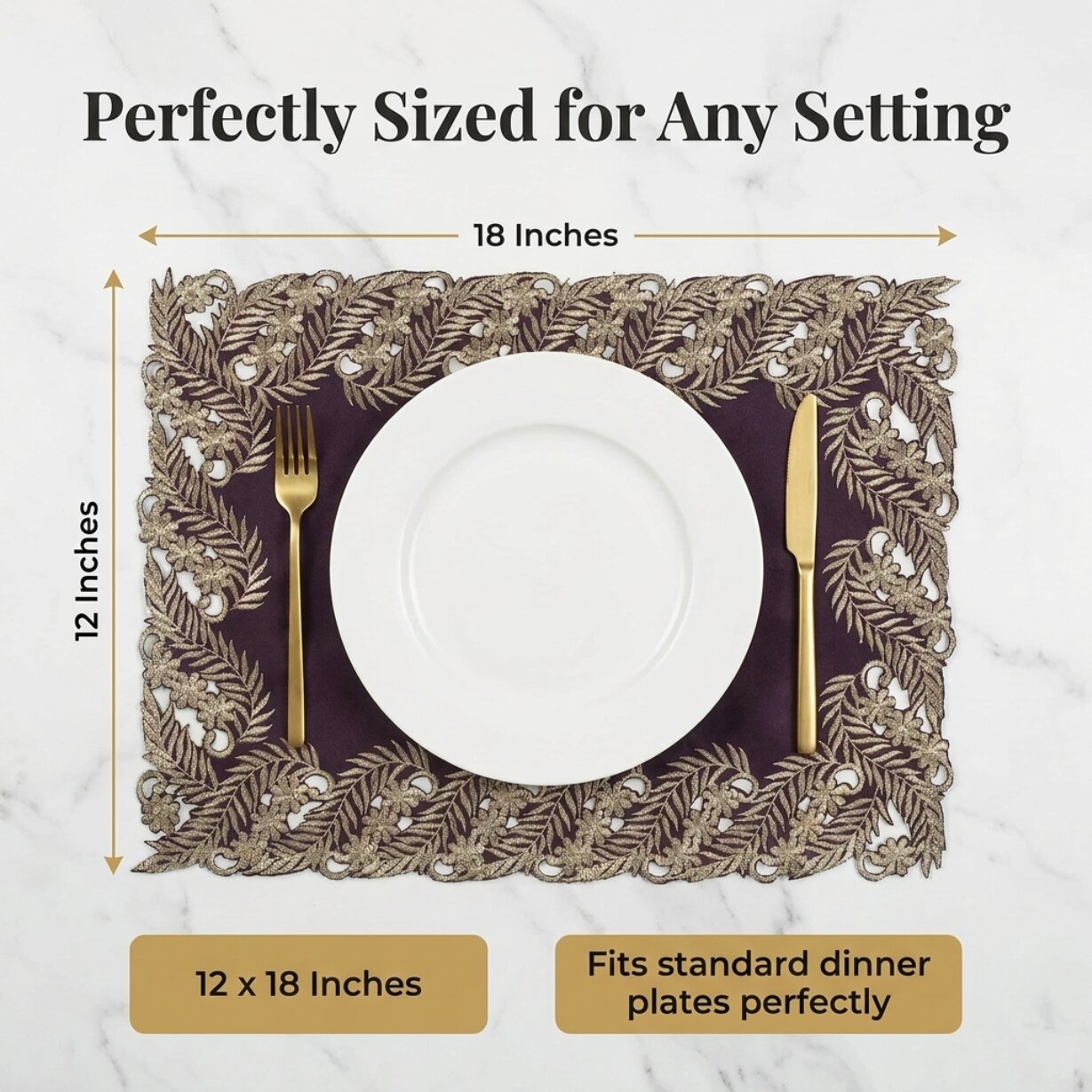 Gold Table Placemats – Plum Table Mats with Embroidered Linen for Rustic Dining Décor