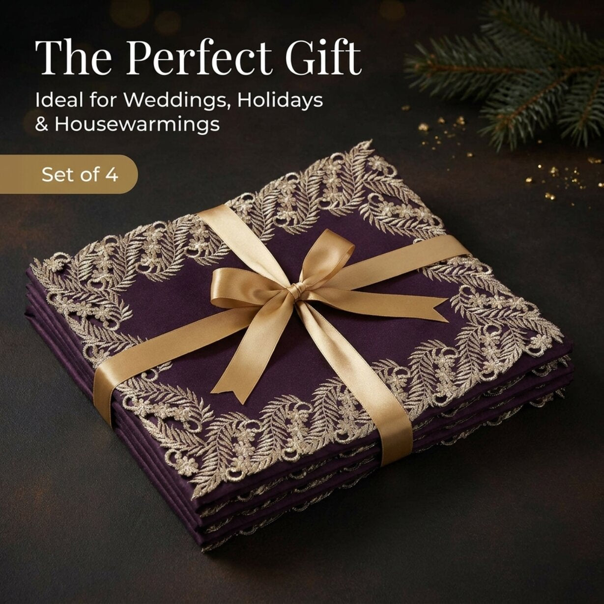 Gold Table Placemats – Plum Table Mats with Embroidered Linen for Rustic Dining Décor