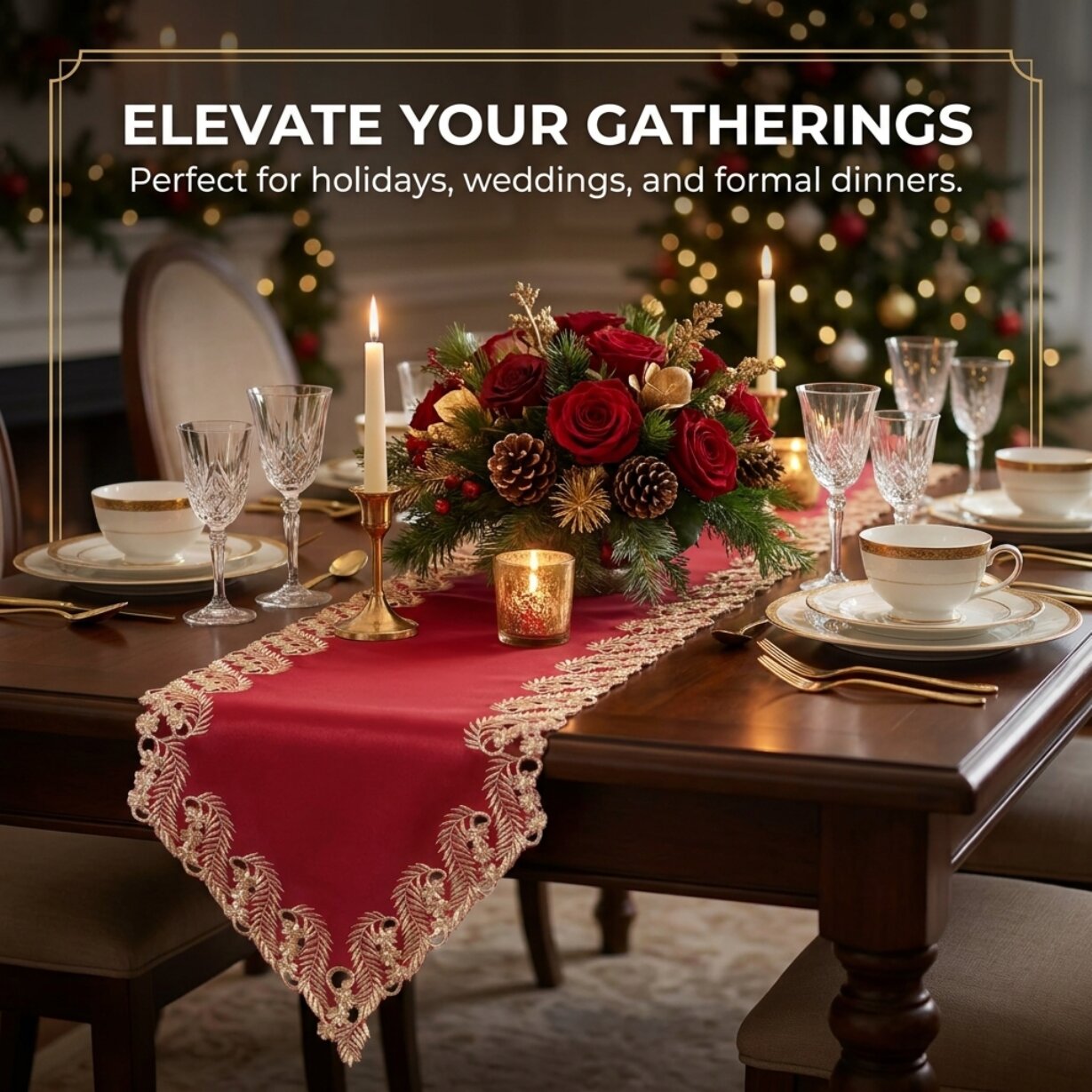 Burgundy Gold Table Runner – Rustic Dining Accent, Embroidered Polyester Linen 14x108 Inch