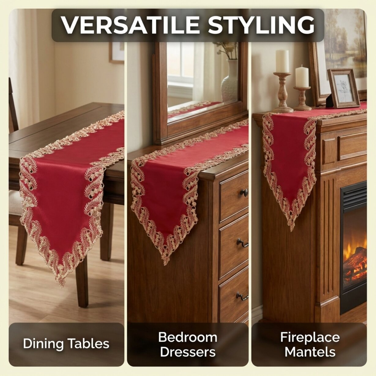 Burgundy Gold Table Runner – Rustic Dining Accent, Embroidered Polyester Linen 14x108 Inch