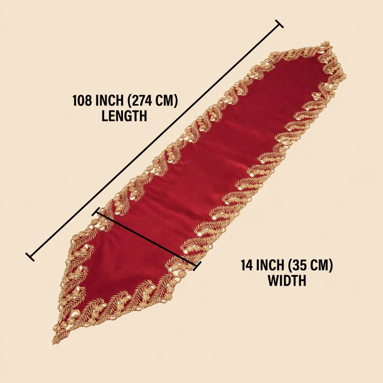 Burgundy Gold Table Runner – Rustic Dining Accent, Embroidered Polyester Linen 14x108 Inch