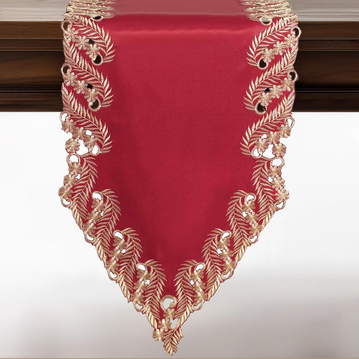 Burgundy Gold Table Runner – Rustic Dining Accent, Embroidered Polyester Linen 14x108 Inch