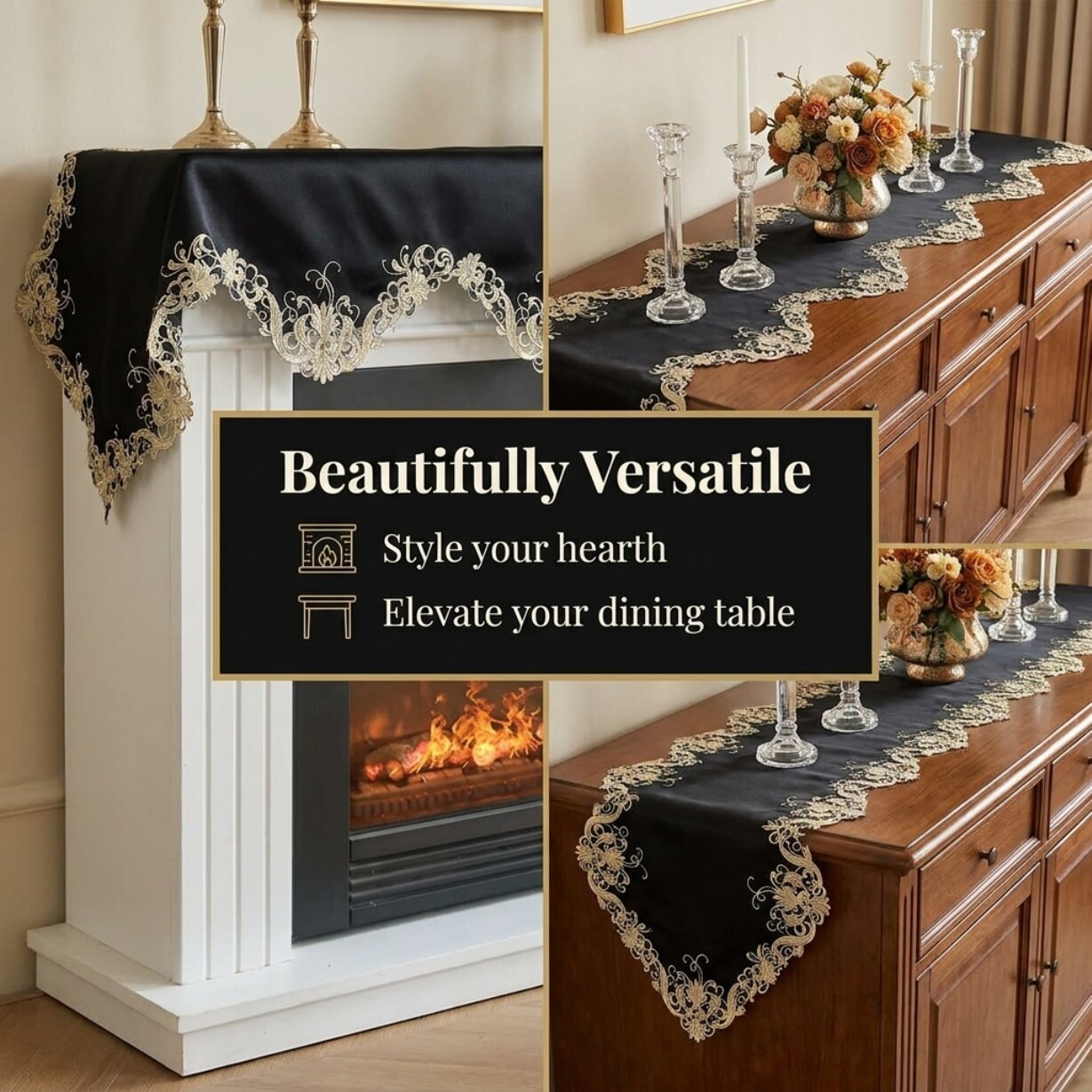 Black Gold Mantel Scarf – Rustic Vintage Fireplace Decor 18x90 Inch Polyester Cover