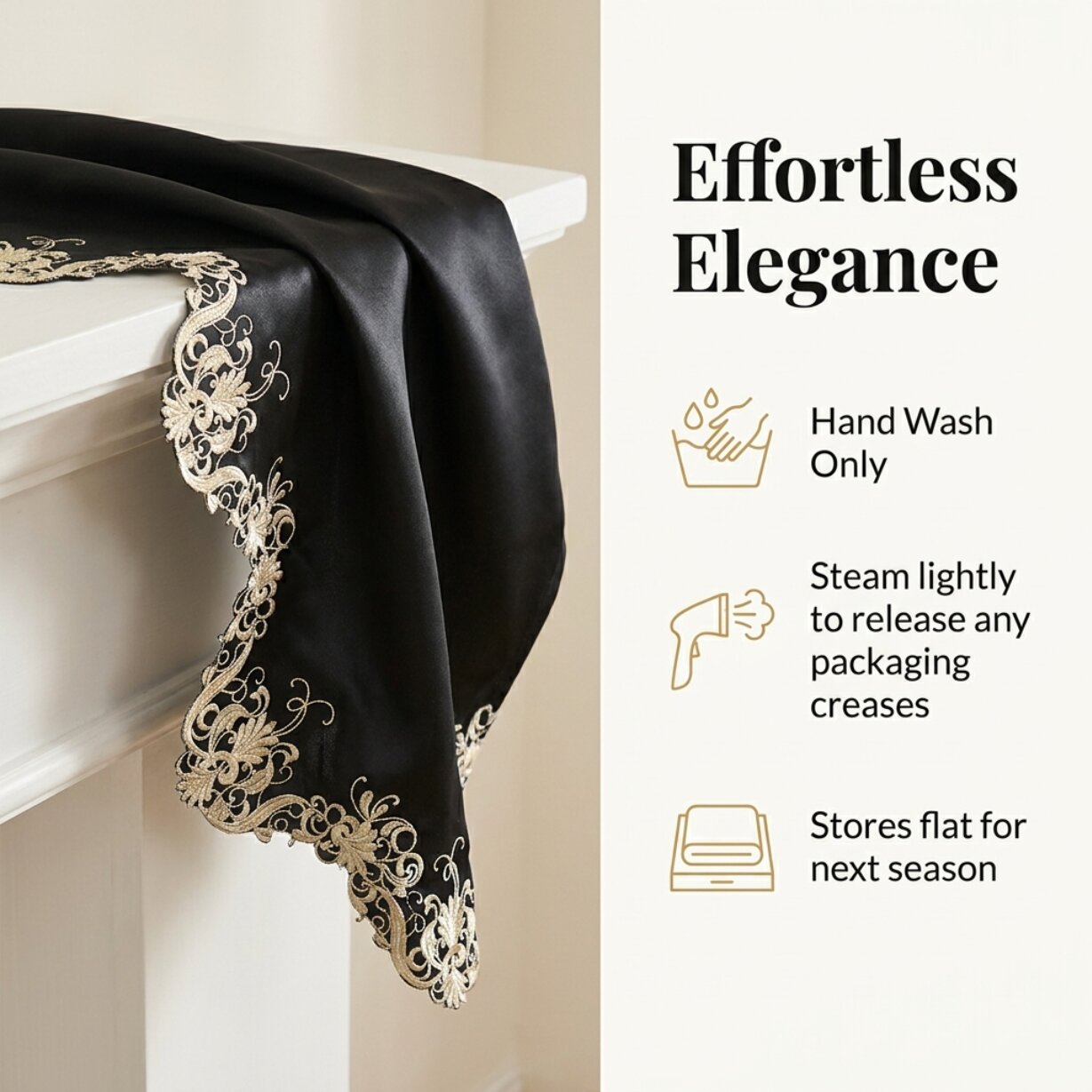 Black Gold Mantel Scarf – Rustic Vintage Fireplace Decor 18x90 Inch Polyester Cover