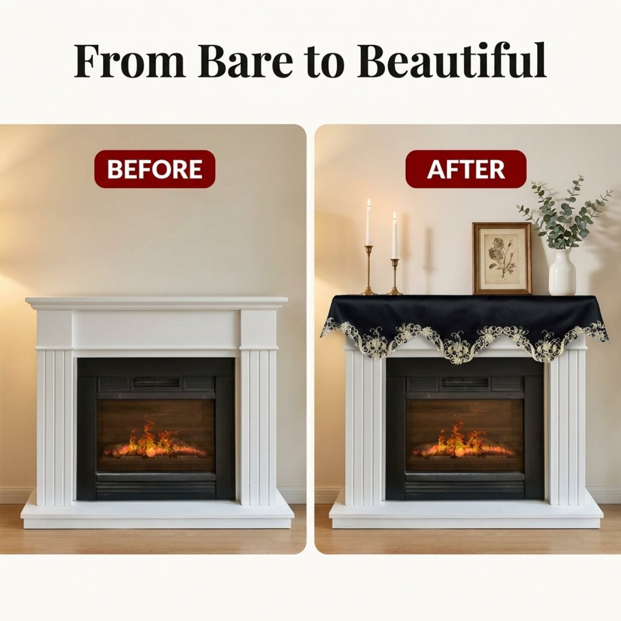 Black Gold Mantel Scarf – Rustic Vintage Fireplace Decor 18x90 Inch Polyester Cover