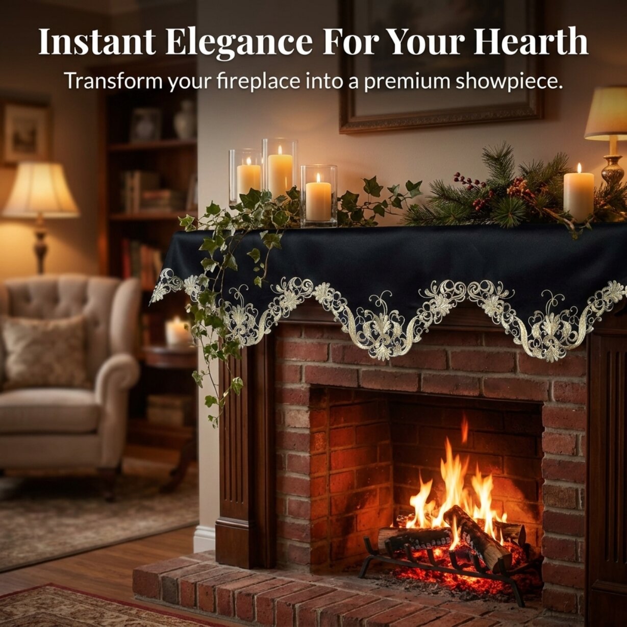 Black Gold Mantel Scarf – Rustic Vintage Fireplace Decor 18x90 Inch Polyester Cover