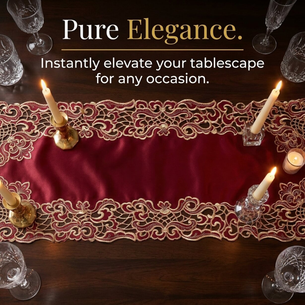 Burgundy Gold Table Runner – Granada Collection Rustic Embroidered Dining Decor 14x108 Inch