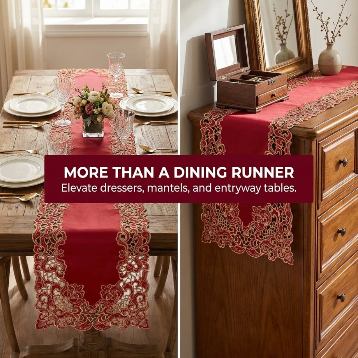 Burgundy Gold Table Runner – Granada Collection Rustic Embroidered Dining Decor 14x108 Inch