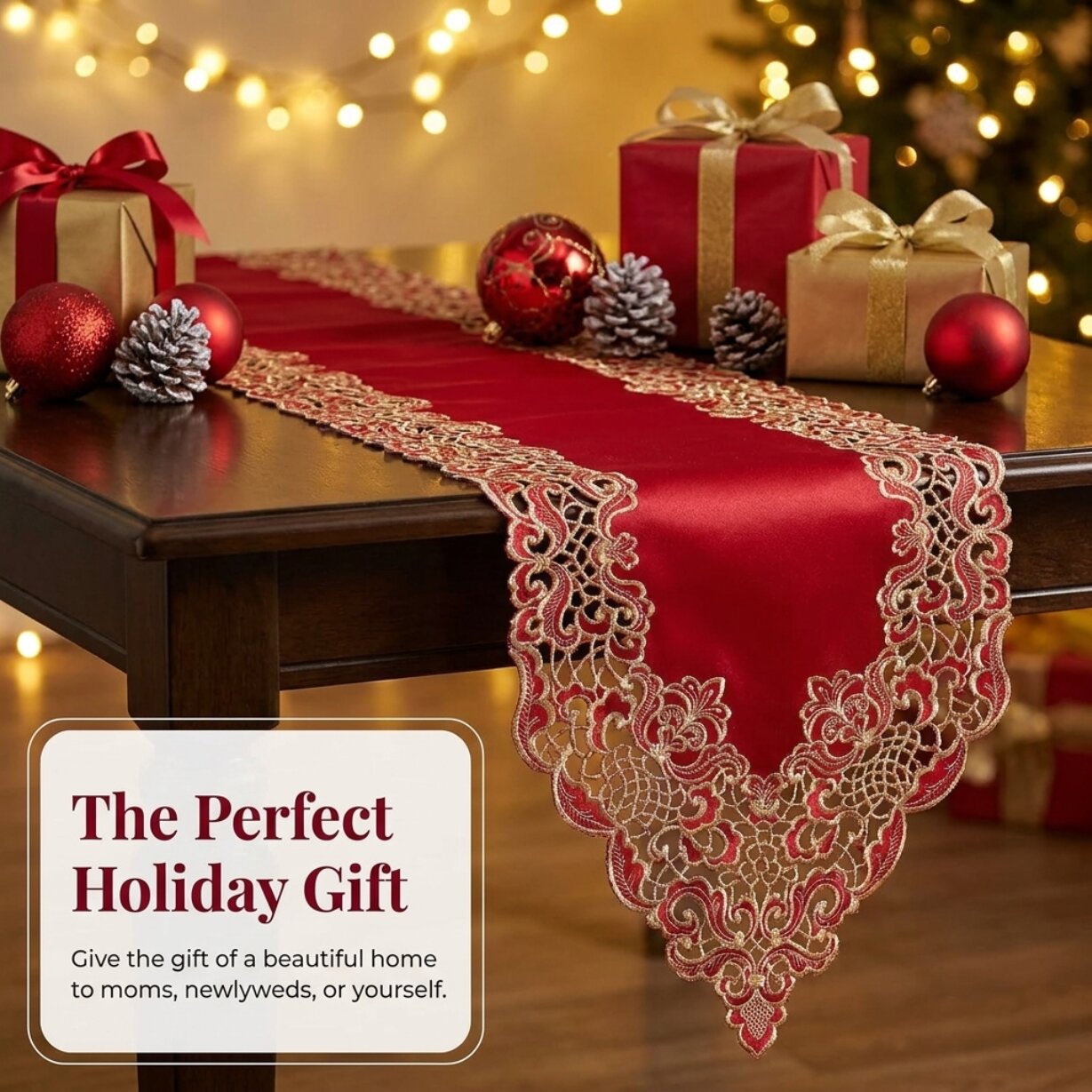 Burgundy Gold Table Runner – Granada Collection Rustic Embroidered Dining Decor 14x108 Inch