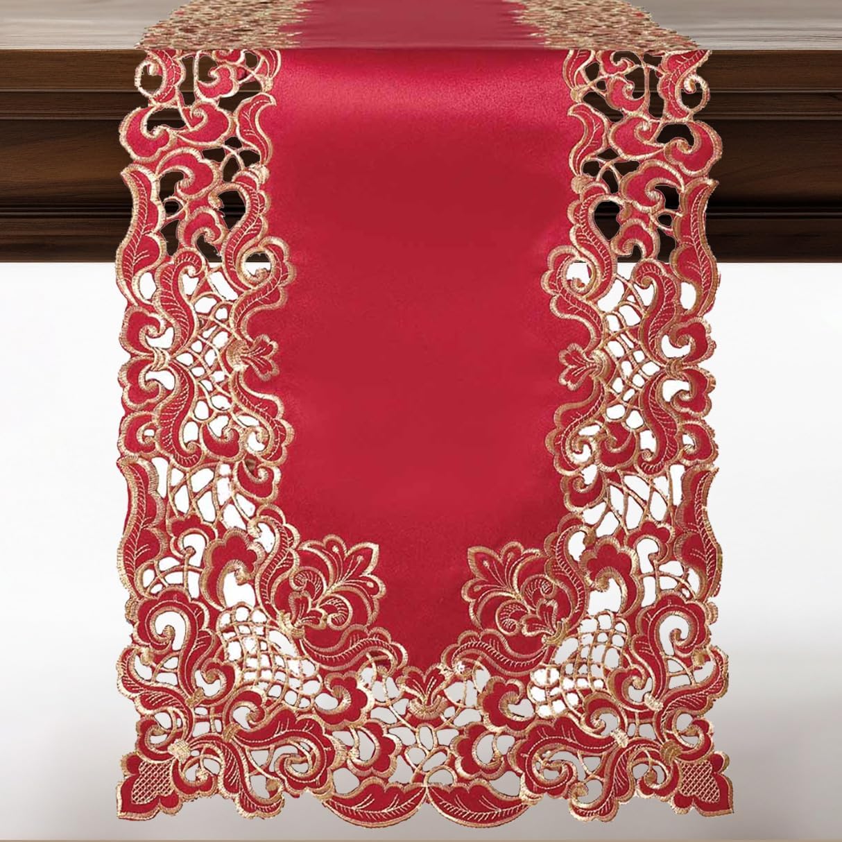 Burgundy Gold Table Runner – Granada Collection Rustic Embroidered Dining Decor 14x108 Inch