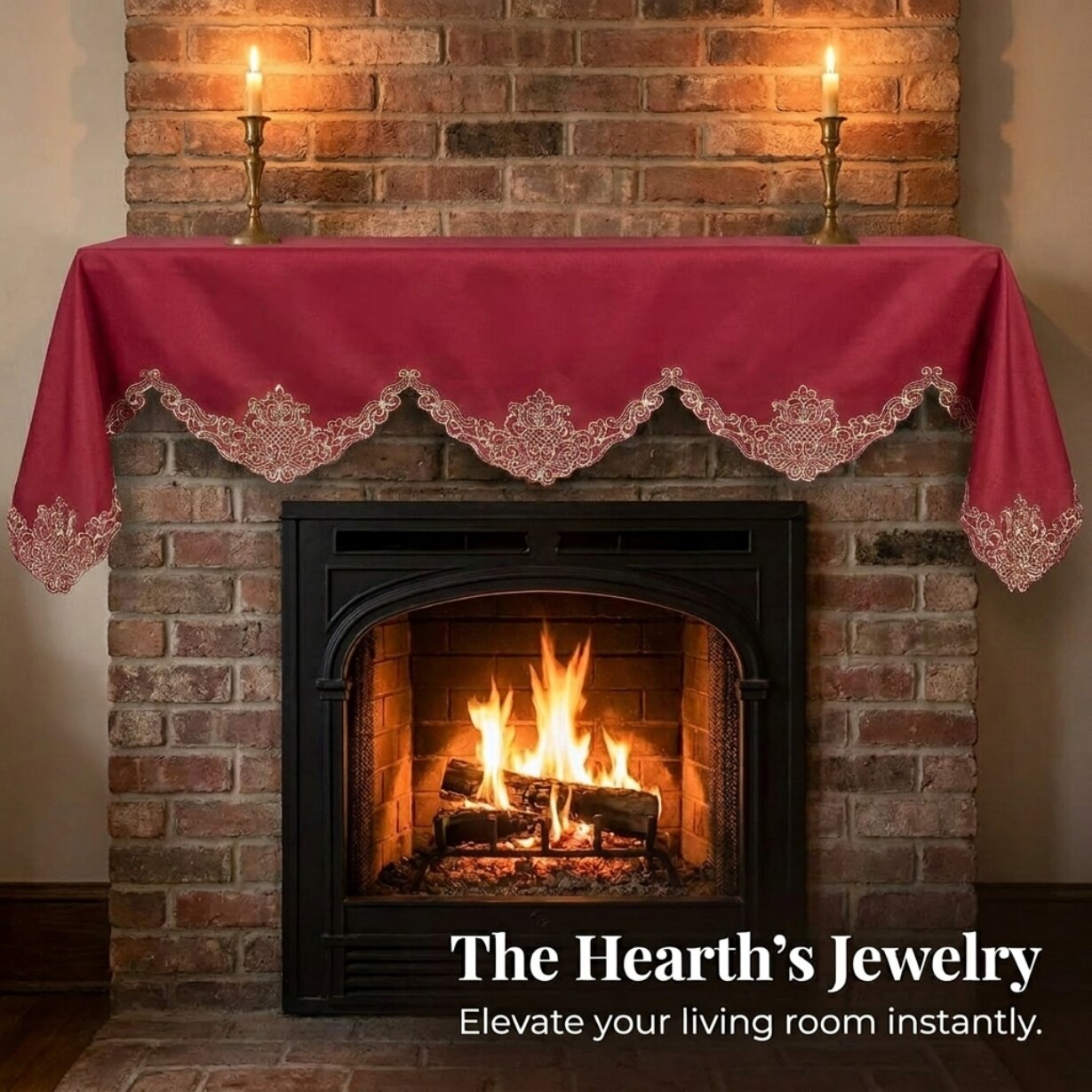 Burgundy Gold Mantel Scarf – Rustic Fireplace Decor, Vintage Table Linen 18x90 Inch
