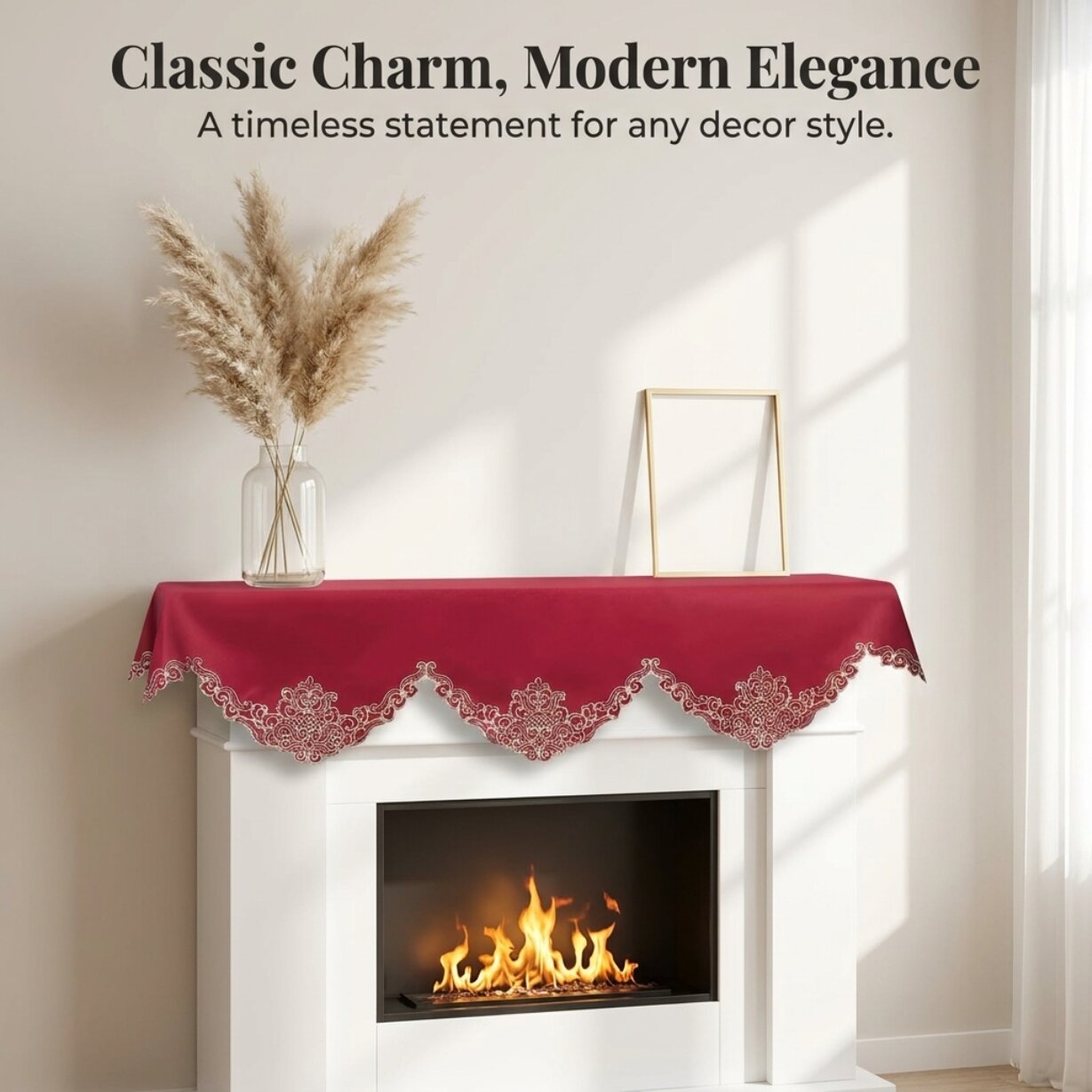 Burgundy Gold Mantel Scarf – Rustic Fireplace Decor, Vintage Table Linen 18x90 Inch