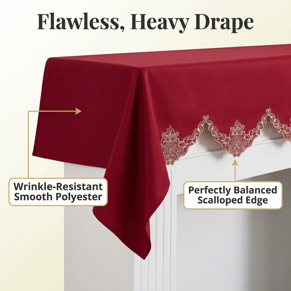 Burgundy Gold Mantel Scarf – Rustic Fireplace Decor, Vintage Table Linen 18x90 Inch