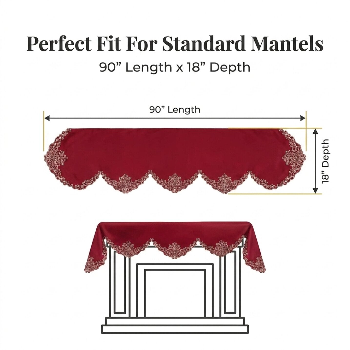 Burgundy Gold Mantel Scarf – Rustic Fireplace Decor, Vintage Table Linen 18x90 Inch